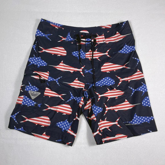 Columbia PFG Board Shorts Patriotic‎ 4th July Fish Print Swim Trunks Men's 32 - Picture 1 of 10